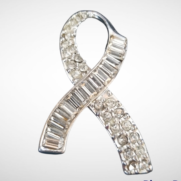 Survivor Ribbon Rhinestone Silver Tone Metal Brooch Pin - Picture 3 of 8